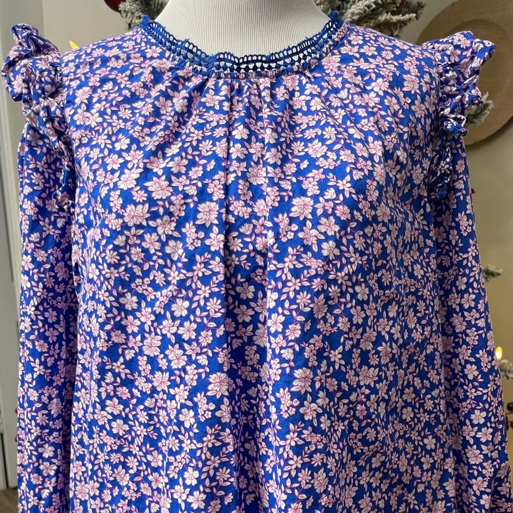 J.Crew Blue Pink Floral Ruffled Long Sleeved Blouse Size XL